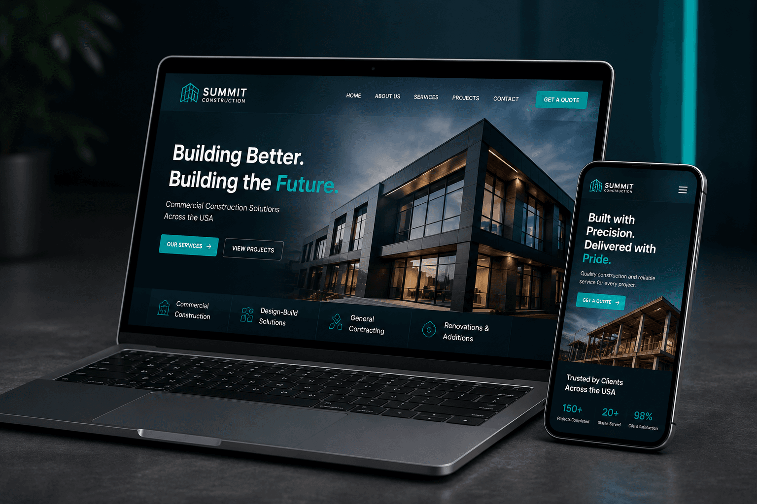 A commercial construction site built by Acqurio, shown on a laptop and a phone with a matching responsive layout.